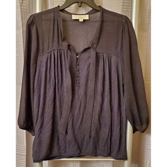 Ann Taylor Loft Blouse Womens M Navy Blue With Red Dots long sleeve - Picture 2 of 6